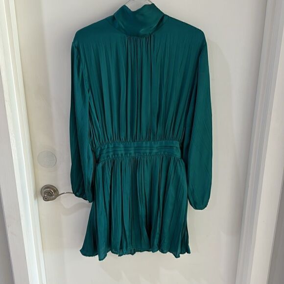 ZARA emerald green turquoise dress satin mock neck pleated ruched NWOT S - Picture 5 of 10